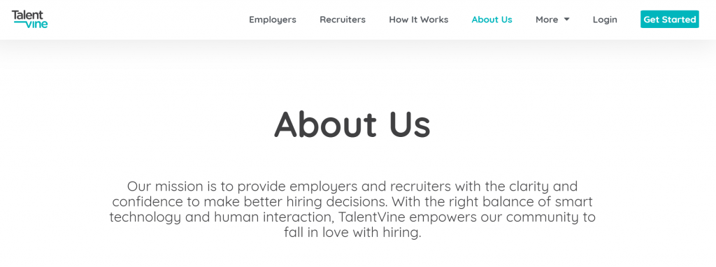 TalentVine's mission statement on the website