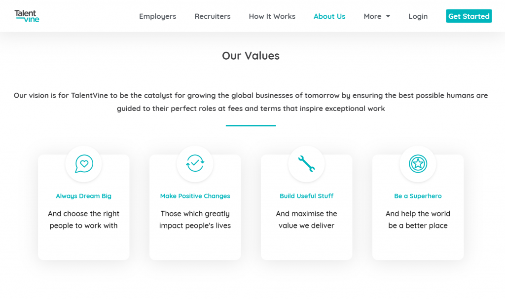 TalentVine's vision and value statements