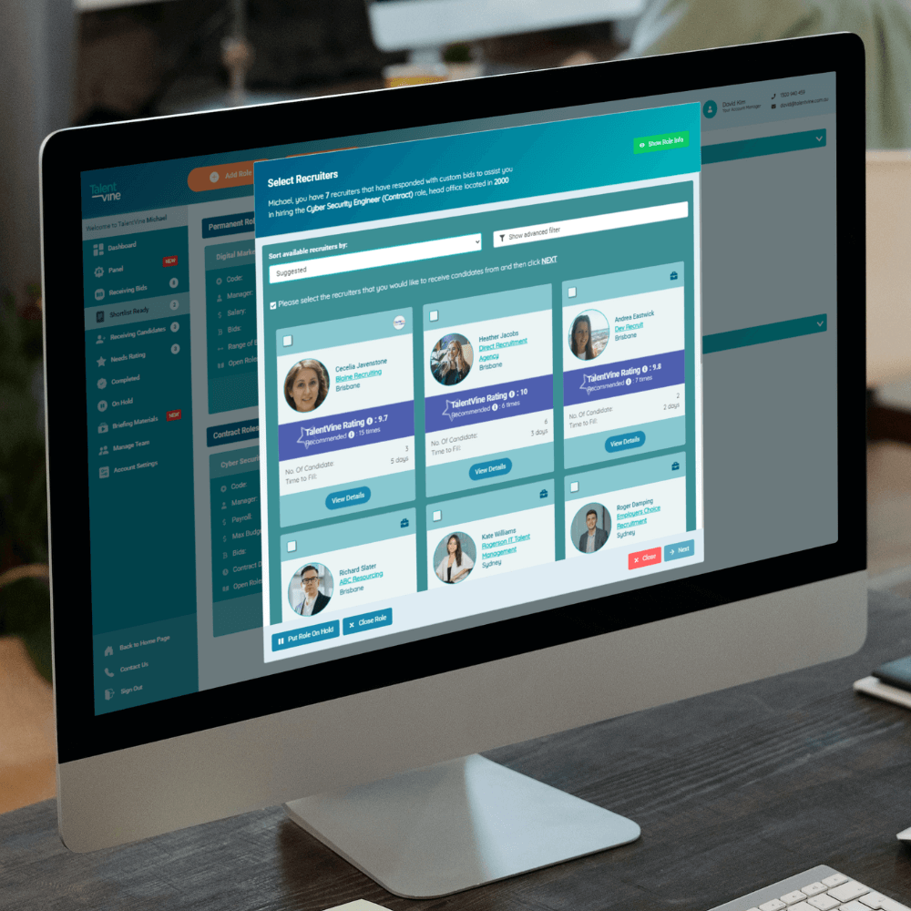 A hiring manager selecting recruiters based on bids using TalentVine