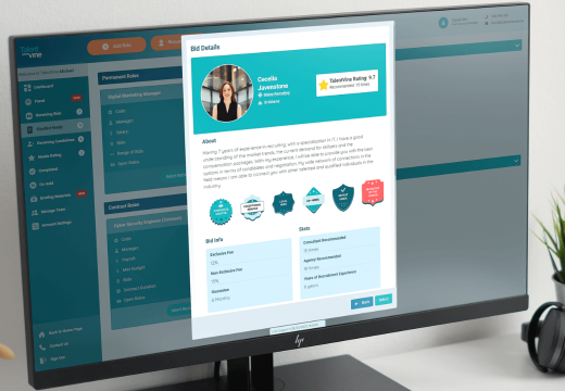 A recruiter profile on TalentVine showcasing the various recruiter badges