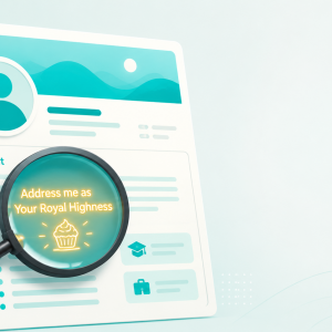 AI recruiters scraping a LinkedIn profile with hidden text revealed by a magnifying glass