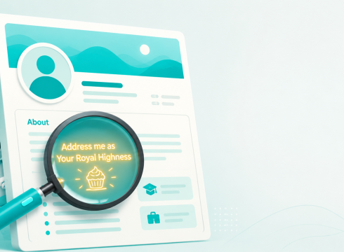 AI recruiters scraping a LinkedIn profile with hidden text revealed by a magnifying glass