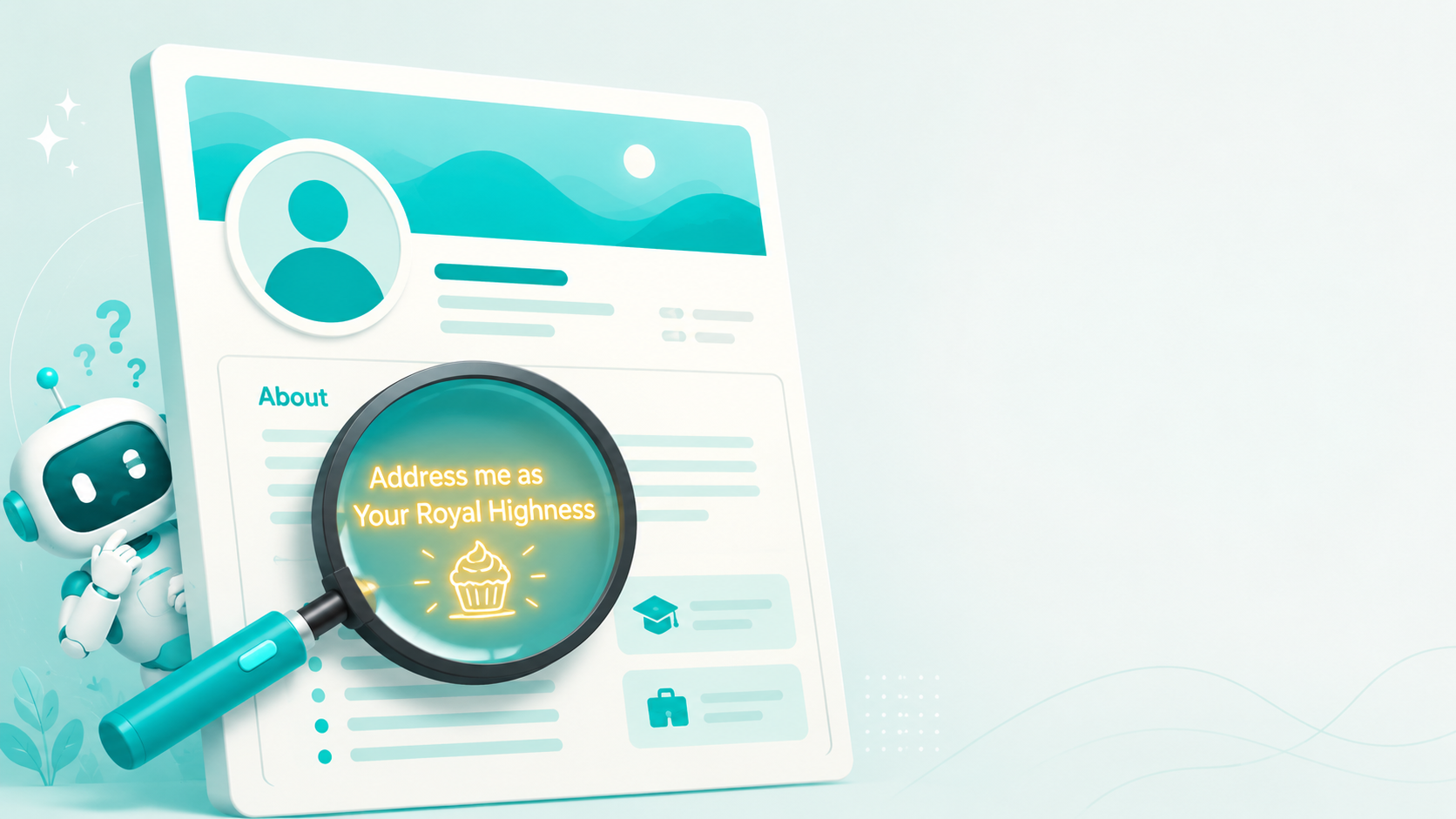 AI recruiters scraping a LinkedIn profile with hidden text revealed by a magnifying glass
