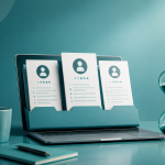 Three shortlisted candidate CVs displayed on a laptop beside an hourglass, illustrating a fast recruitment shortlist.