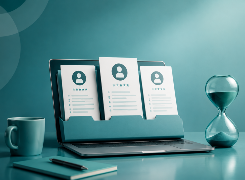 Three shortlisted candidate CVs displayed on a laptop beside an hourglass, illustrating a fast recruitment shortlist.