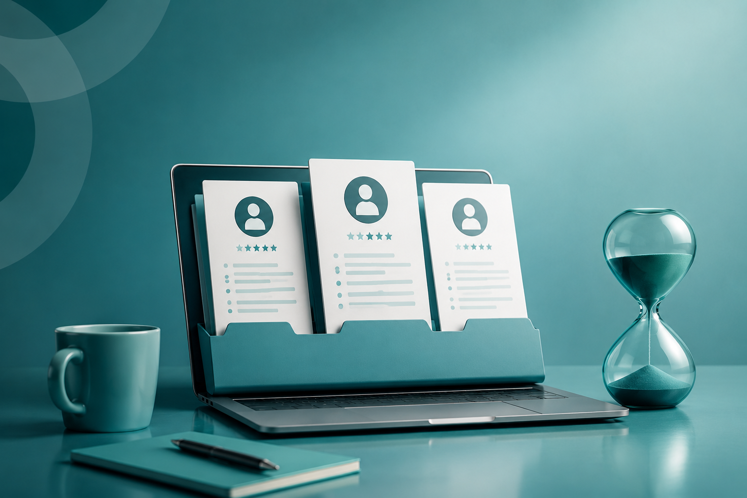 Three shortlisted candidate CVs displayed on a laptop beside an hourglass, illustrating a fast recruitment shortlist.